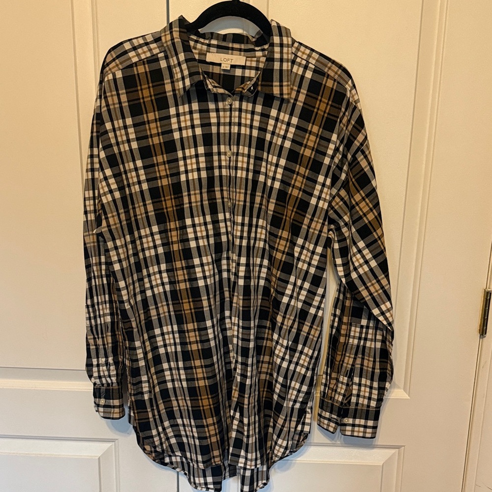LOFT Black and Tan Plaid Shirt